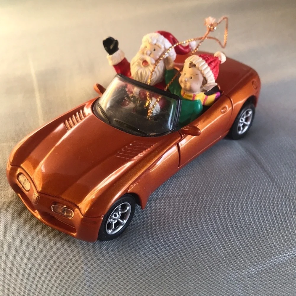 Vintage Maisto Dodge Orange convertible car Santa Claus & Elf Christmas ornament